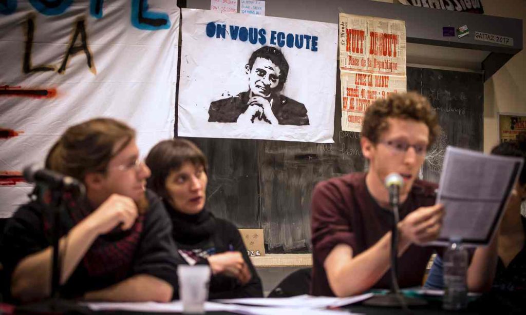 Students occupying an amphitheatre in Lille give a press conference to announce the start of the Nuit debout protests. Photograph: Philippe Huguen/AFP/Getty Images